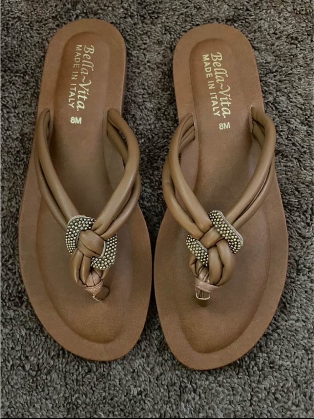 Bella Vita Brown Braided Knot Thong Sandals with Metallic Accent